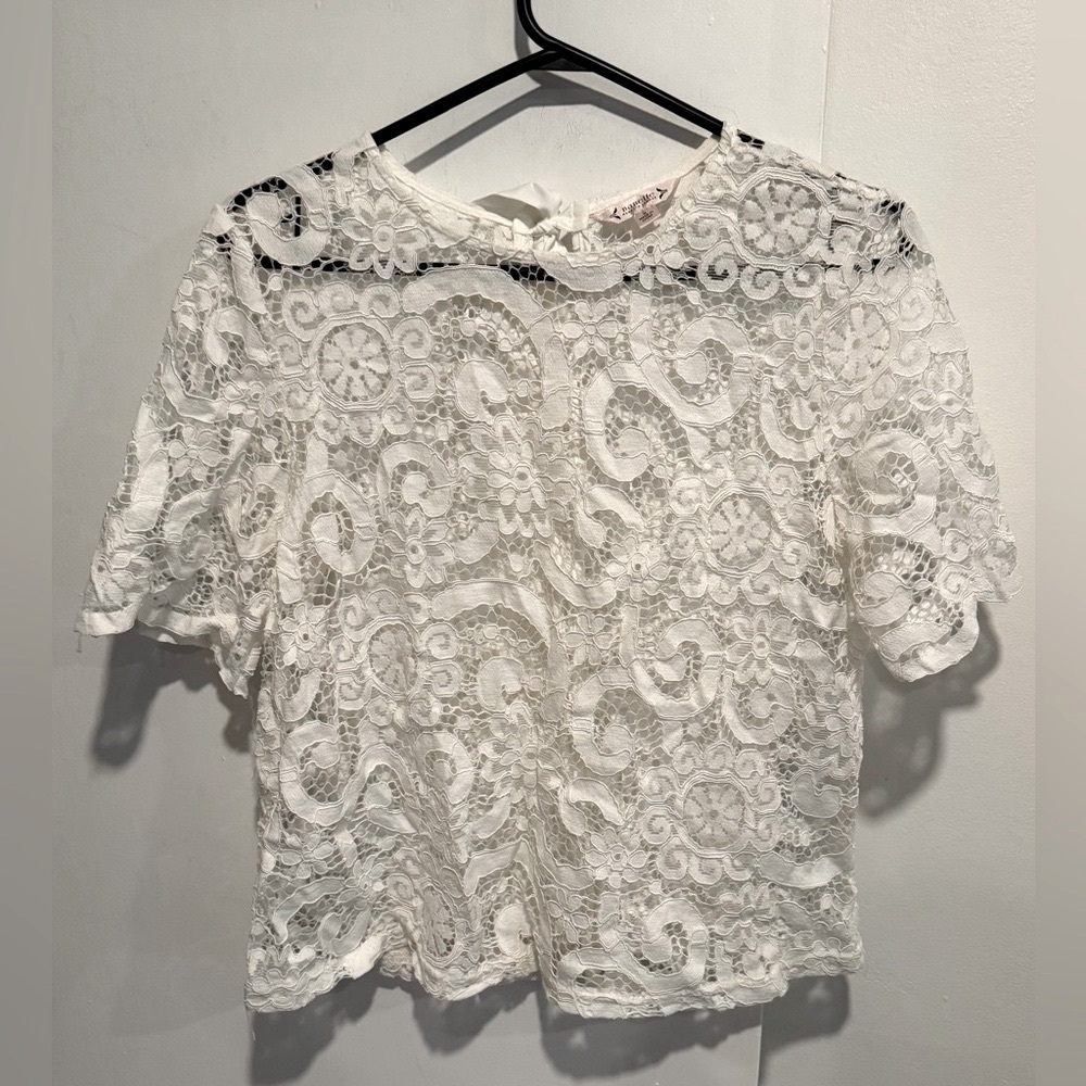 Nanette Lepore Lace blouse Top ivory white Scalopped romantic coquette floral M
